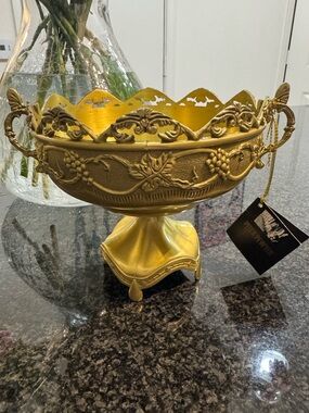 Vintage Piter Pewter Gold Pedestal Bowl Ornate Centerpiece